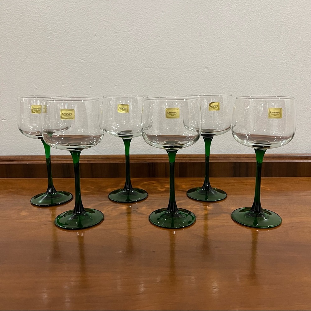 Set of 6 Emerald Stem Crystal Wine Glasses | Vintage Luminarc Hock Wine Glasses